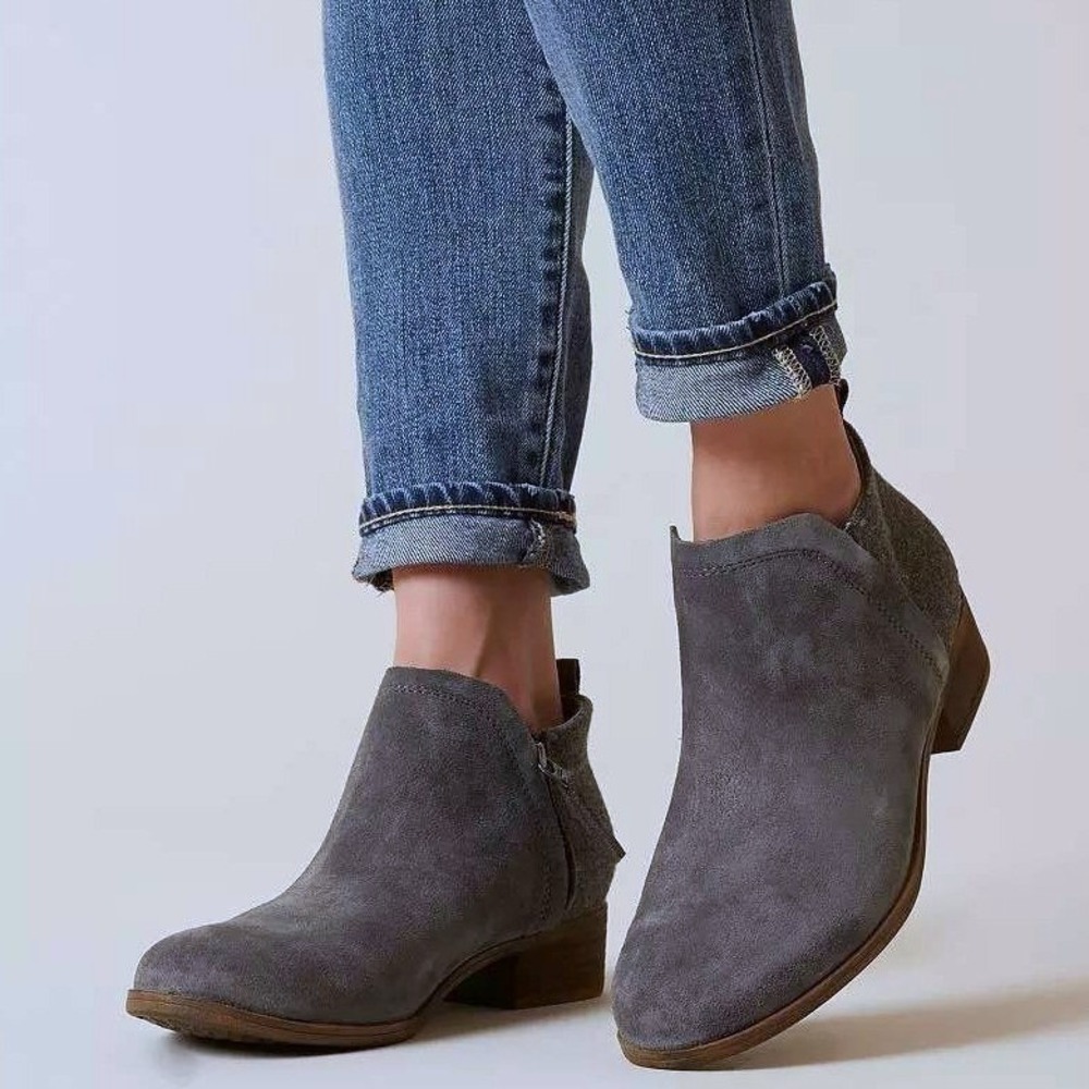 TOMS Deia Gray Suede Wool Mixed Media Ankle Booties Low Heel Womens size 7.5